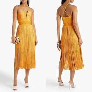 NWOT Herve Leger  Plunging Strappy Fringe Bandage Midi Dress In Marigold Size M